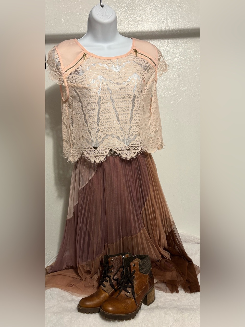 bebe Pink Lace Blouse with Zipper Accents